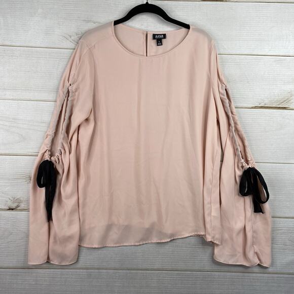 ANA A New Approach Top Womens L Pink Black Tie Slit Sleeve Lined Keyhole Back - Picture 1 of 9